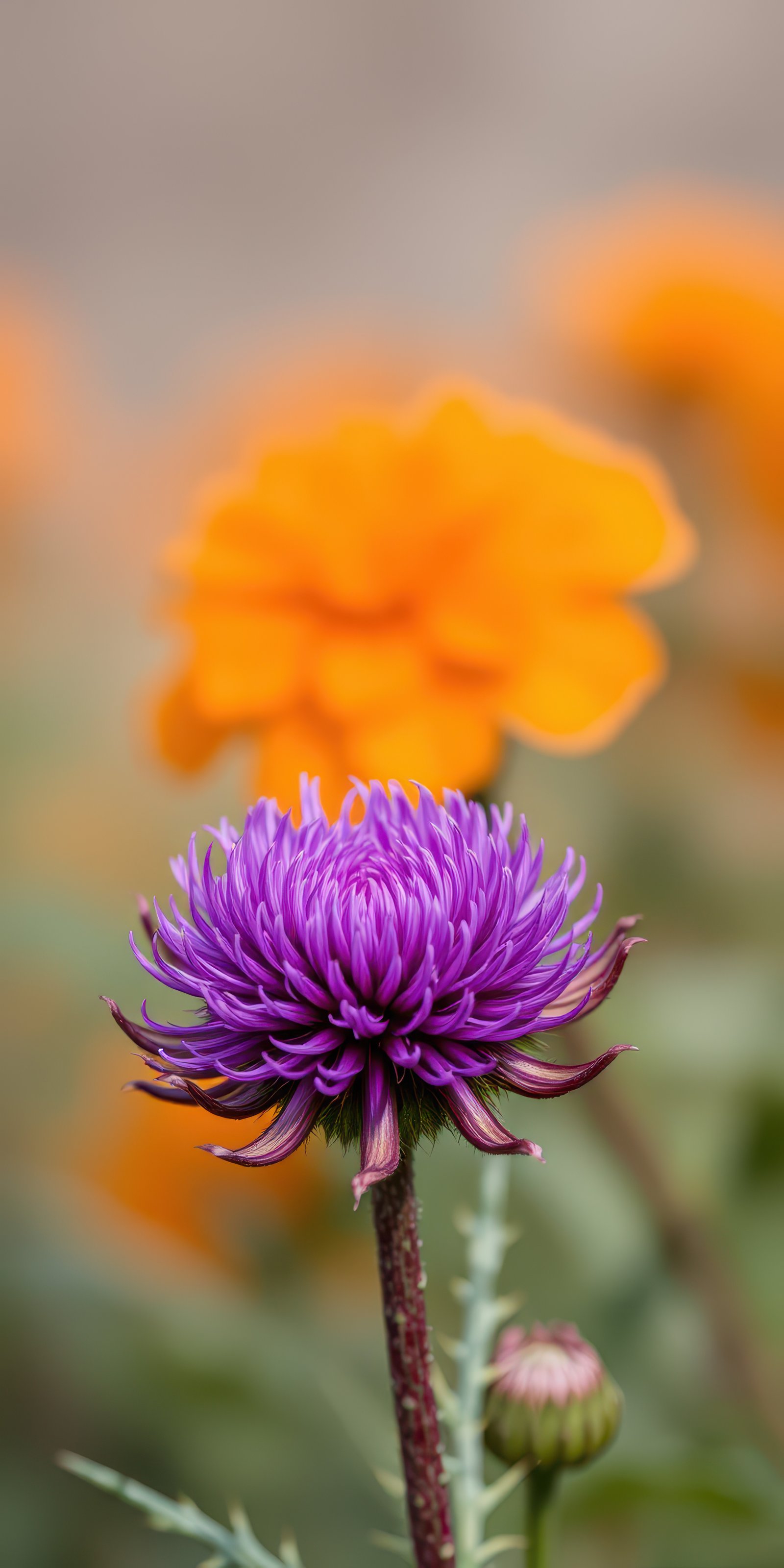 Colorful floral display featuring a vibrant purple flower in the foreground and bright orange blossoms in the background during a sunny day